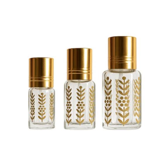 Attar Perfume Bottle, Printed Golden Leaf Octagonal Bottle, Decorative Flacon, 3 ml-6 ml-12 ml Vanity Perfume Bottles w/Plastic Stick applicator