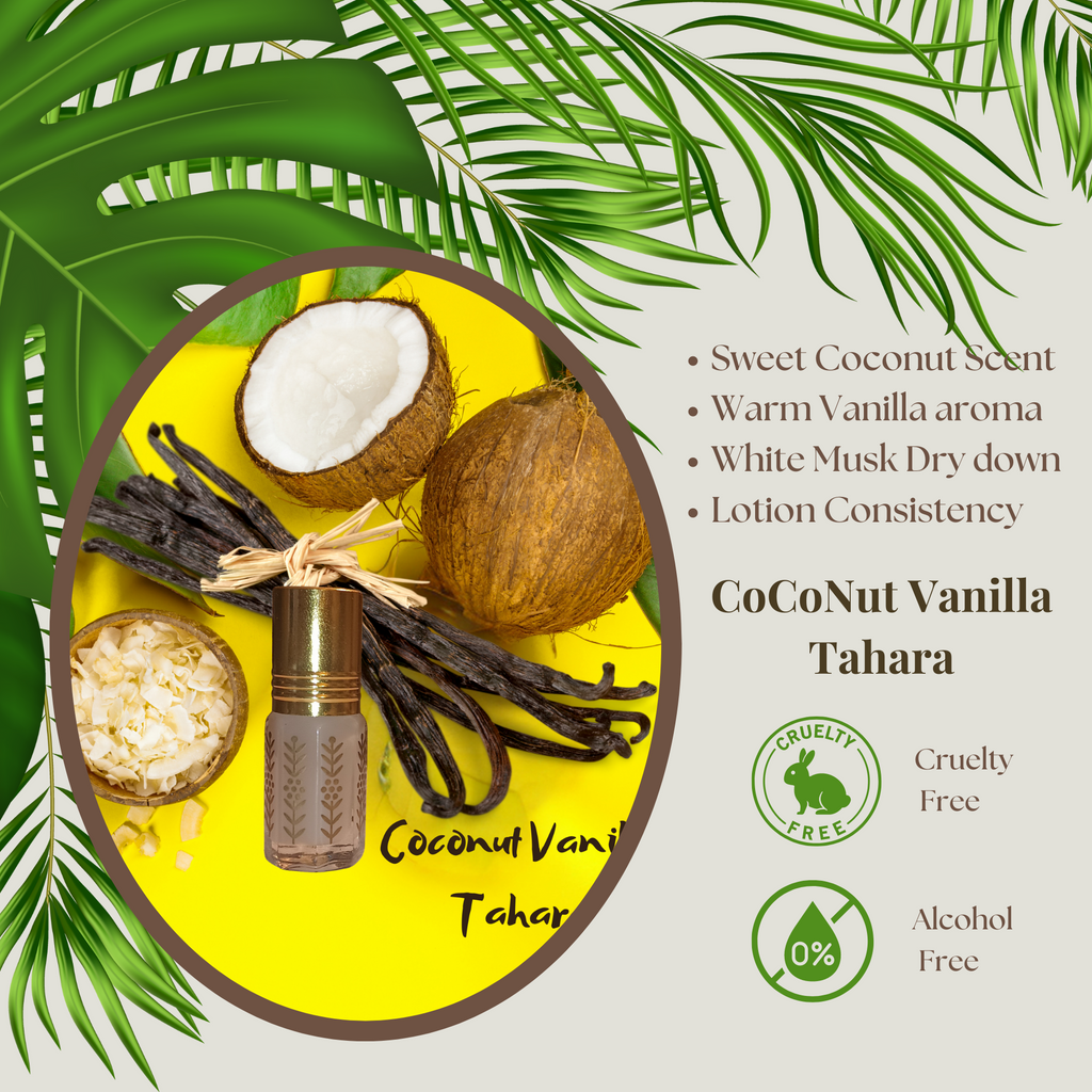 Coconut Vanilla Tahara Attar, Coconut Vanilla Musk Premium Concentrated Perfume Oil, Luxury Body Oil
