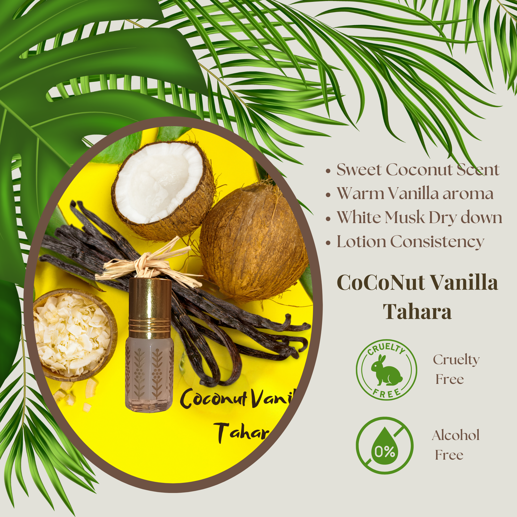 Coconut Vanilla Tahara Attar, Coconut Vanilla Musk Premium Concentrated Perfume Oil, Luxury Body Oil