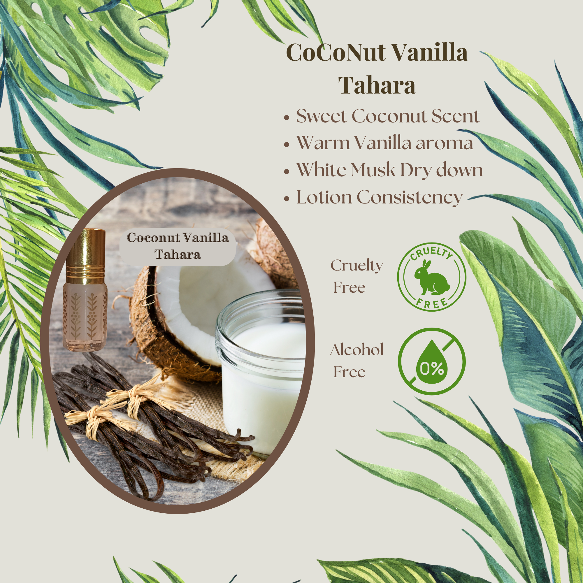 Coconut Vanilla Tahara Attar, Coconut Vanilla Musk Premium Concentrated Perfume Oil, Luxury Body Oil