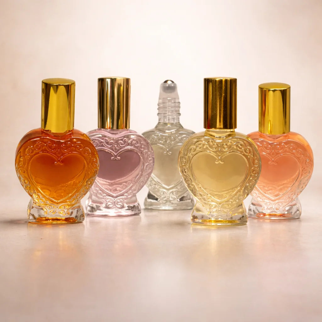 Heart Shaped Glass Perfume Bottle with Stainless Steel Roller & Gold Cap, Empty Bottle, 1/2 oz Executive Vial