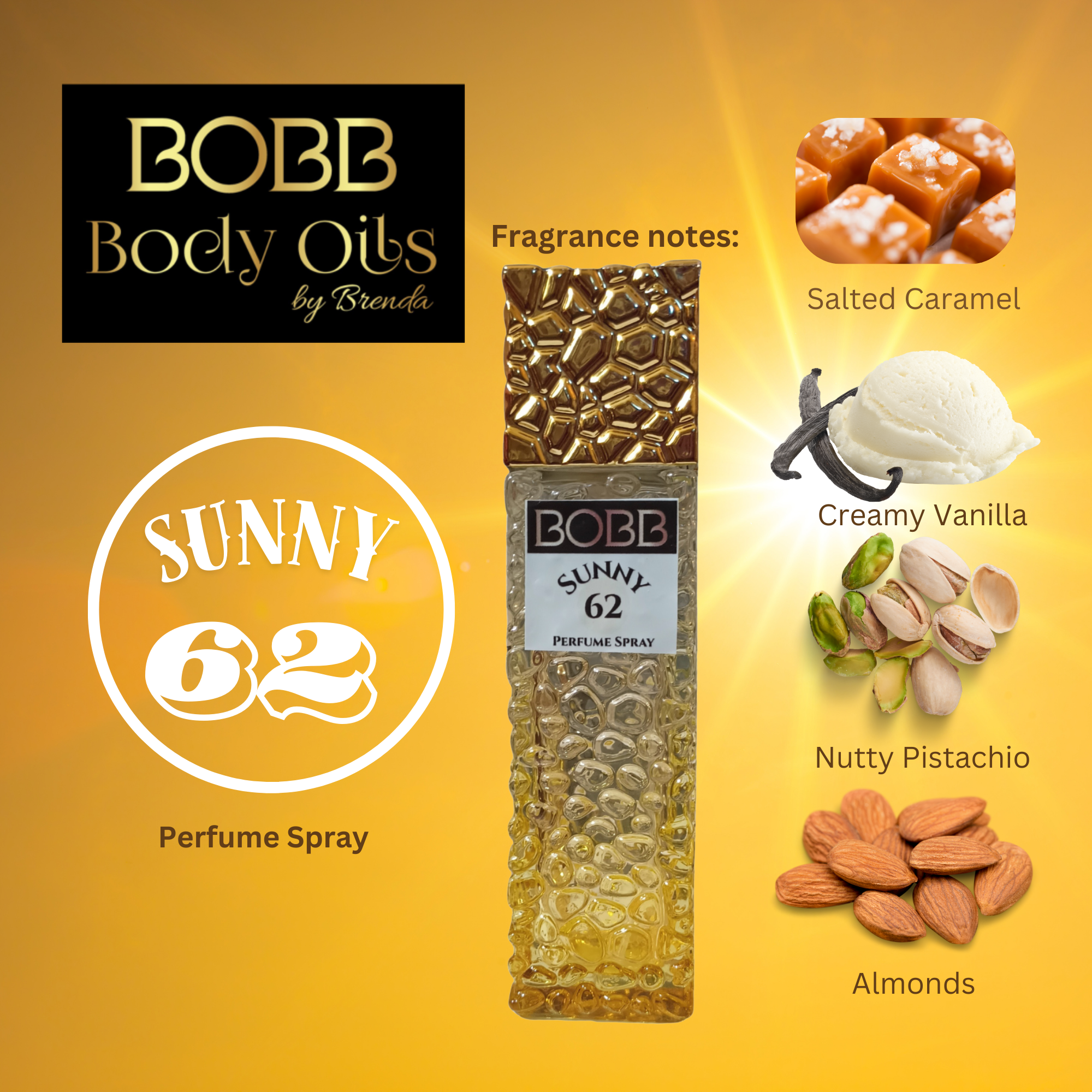 Sunny 62 Type Body Oil, Pistachio Creamy Vanilla Salted Caramel, Nutty Sweet Fragrance, Pistachio Almond Caramel Vanilla Fragrance Oil, Designer Inspired Gourmand Cheirosa Scent, Sol de Janeiro Brazilian