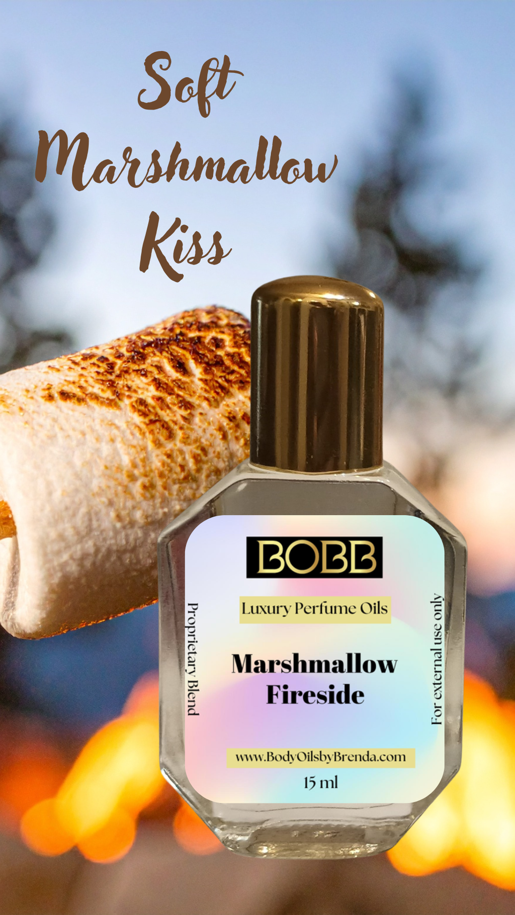 Marshmallow Fireside Luxury Body Oil, Woody Gourmand Perfume Unisex, Smoky Woody Sweet All Natural Perfume, Alcohol-Free Sensual Fragrance