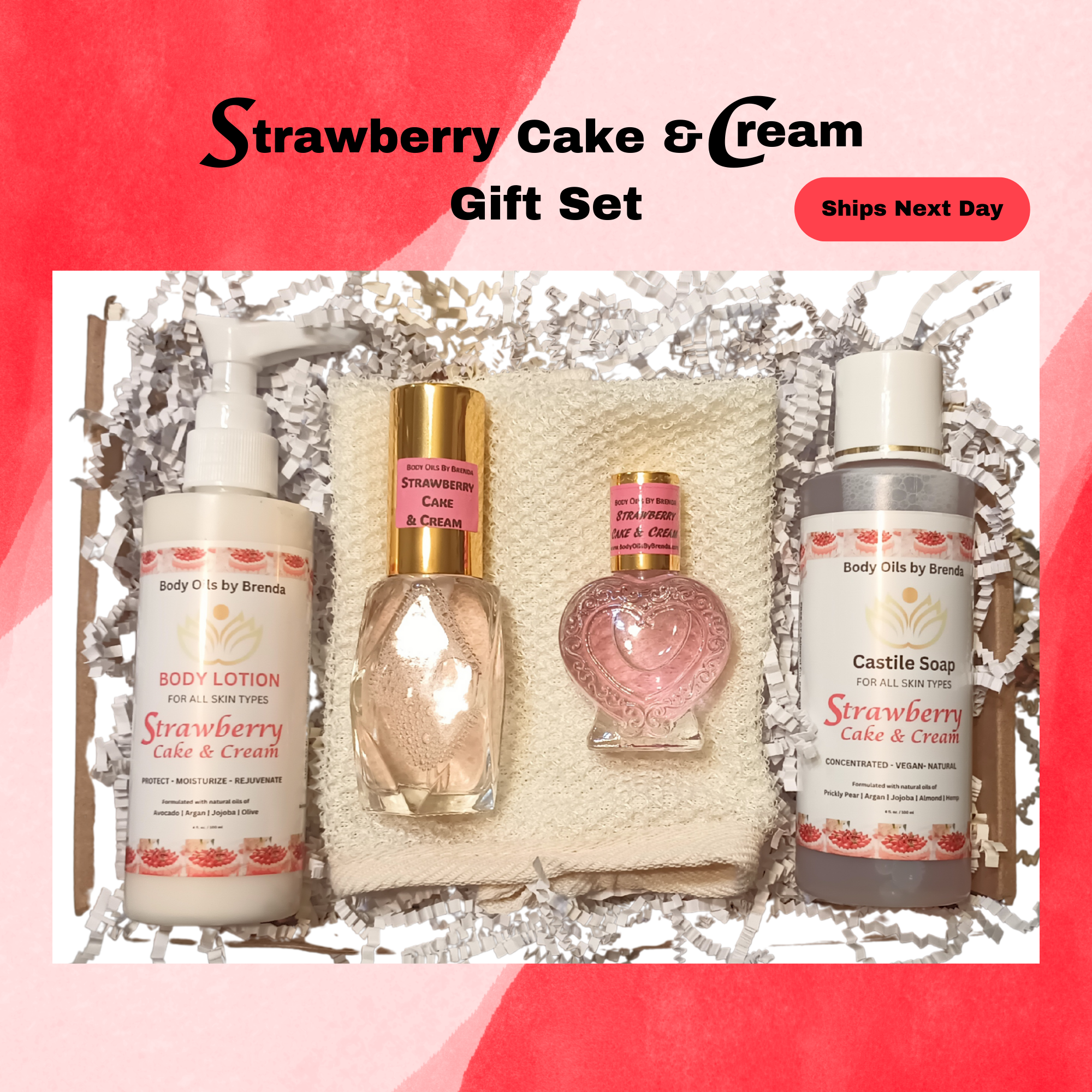 Pampering Strawberry Cake & Cream Luxury Gift Set, Relaxation Gifts for Women, Body Oil Lotion and Spray Scented SPA GIFT Set, Gift for Moms