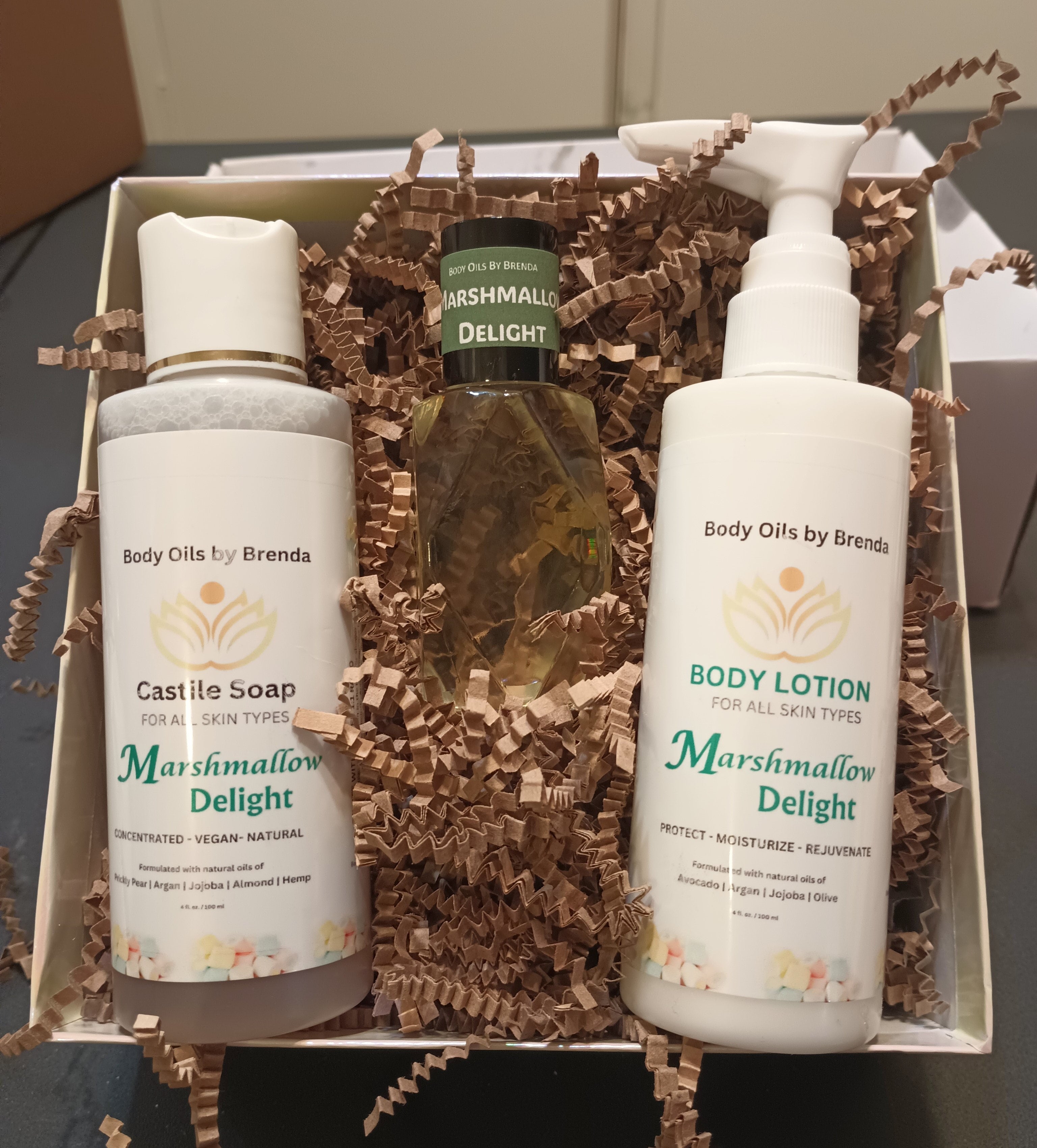 Marshmallow Delight Gift Set-Pampering Gift Set, Body Oil Castile Soap & Scented Lotion Set; Fragrance Gift Set, Spa Box Gift for Women/Her/Mom, Relax