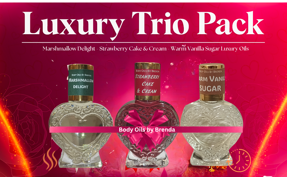 Valentine's Day Gift for Her 3-Pack Body Oil, Body Oils by Brenda Strawberry Cake & Cream Marshmallow Delight Warm Vanilla Sugar Body Oils, Premium Fragrance Oil Set, Alcohol Free (1/2 oz. hearts)
