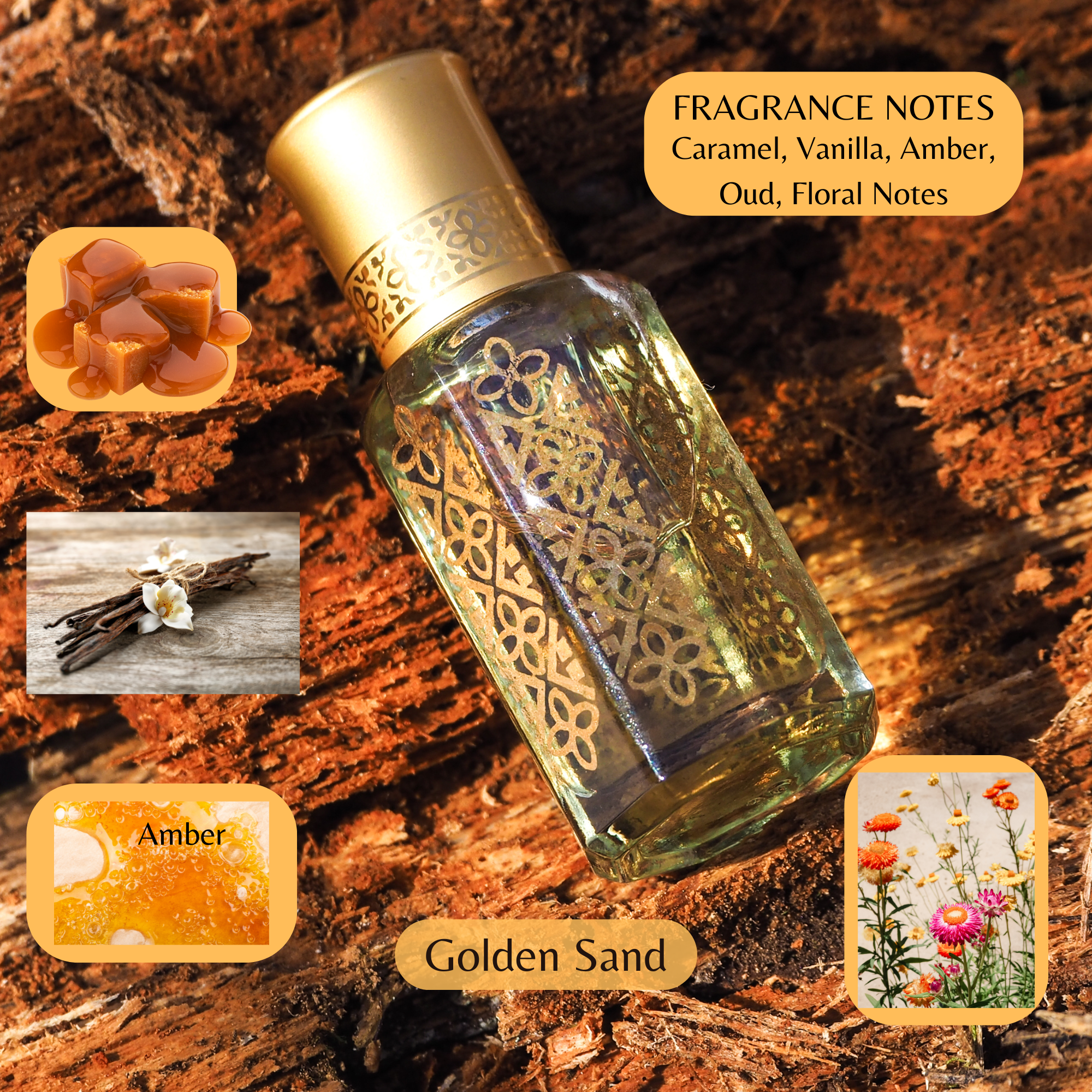 Golden Sand Attar-Caramel Vanilla Scent-Unisex-Import Oils-Alcohol Free All Natural Perfume-Buy 2 Get 1 Free-Scented Arabian Oil Cologne